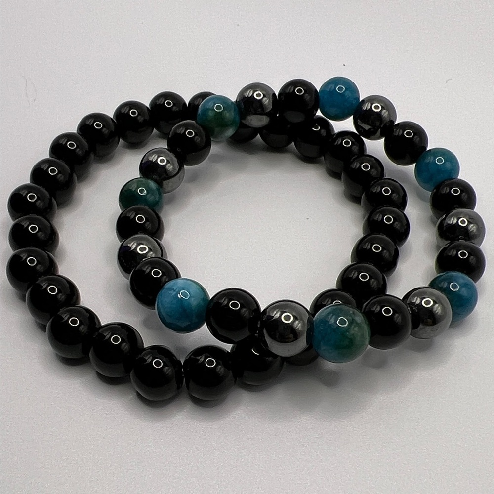 Black, Hematite, and Ocean Teal Blue Glass Beaded Bracelet Set NEW Stretch
